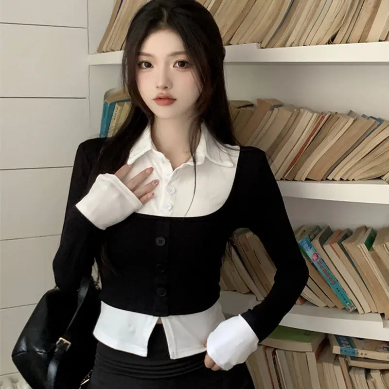 Spring Autumn Slim Sexy Style Sweet Fake Two Pieces Women Shirts Polo-Neck Button Spliced Fashion Slim Long Sleeve Blouse Shirt