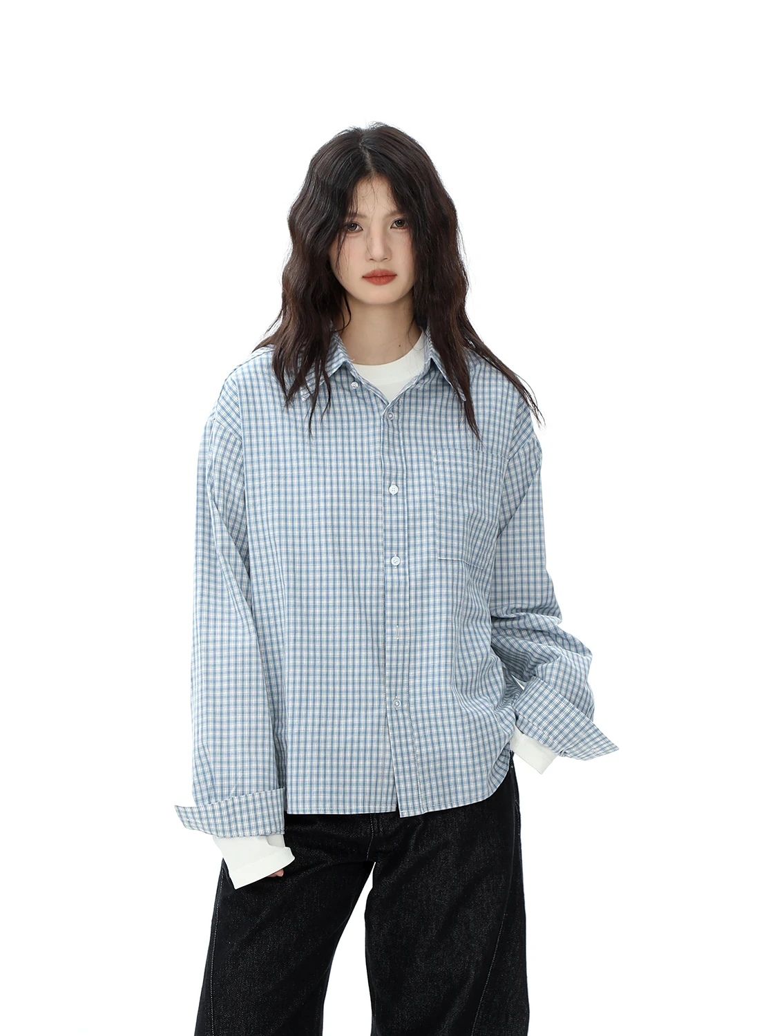 

OEOTO American Retro Cleanfit Blue Plaid Long Sve irt Jaet Loose Men's Women's Lazy irt Cotton Breathable Autumn