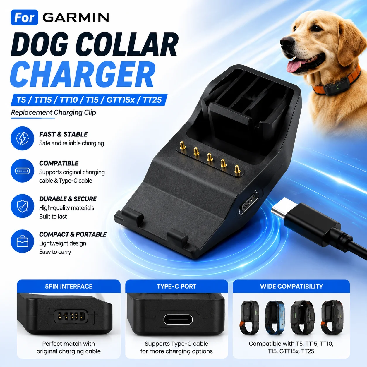 For Garmin Pet Dog Collar Charger T5 TT15 TT10 T15 GTT15x TT25 Charging Cable Adapter Type-C Input Charging Cable Adapter