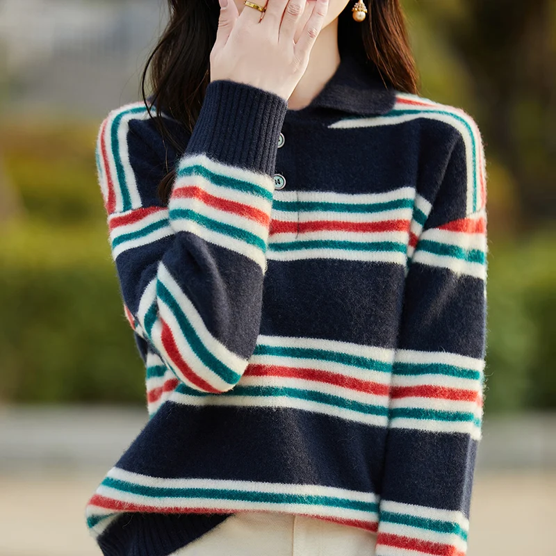 Spring and Autumn New 100% Pure Wool Sweater Women's POLO Collar Knitted Pullover Fashion Stripe Large Top Long Sleeve Shirt