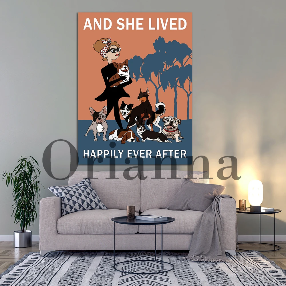 Hd Print Pet Dog And She Lived Happily Ever After Poster, Loved Dog Vintage Poster Gift Home Decor For Living Room Wall Artwork