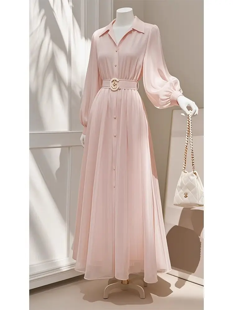 

Fall 2024 New High-end French Resort Style Shirt Long Sleeve Temperament Waist Commuter Gentle Chiffon Dress