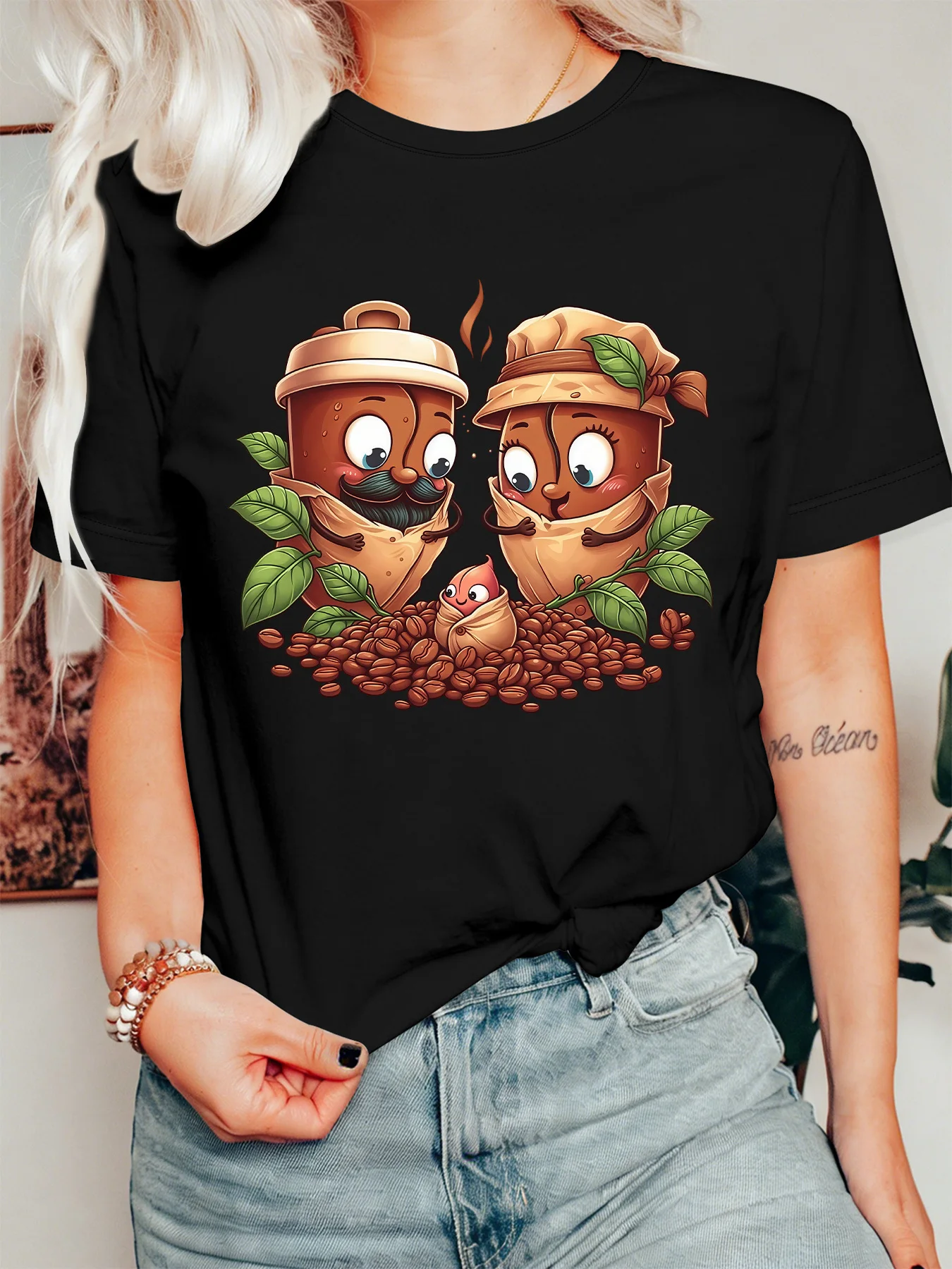 Cute Cartoon Coffee Bean Family Art Womens Crew Neck Short Sleeve T Shirt Coffee Lover Fun Casual Graphic Tees For Ladies