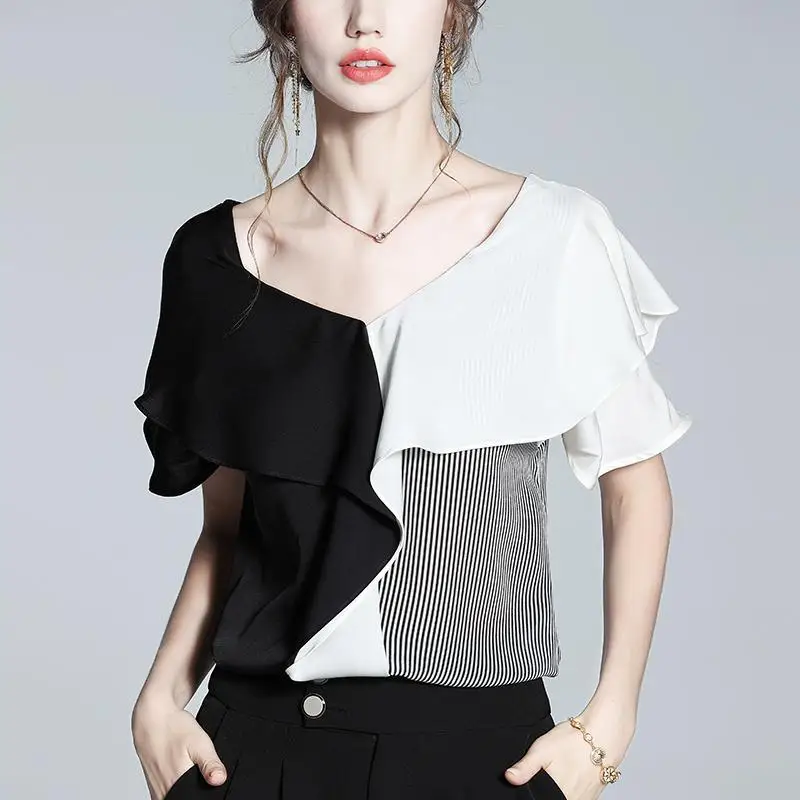

Lotus Leaf Edge Splicing Short Sleeves Chiffon Shirt for Women Summer Contrasting Striped Pullover Tops Fashion Women Clothing