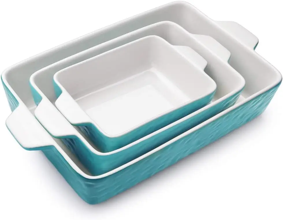 

Ceramic Baking Dish Set of 3, Lasagna Pan with Handles, Oven-Safe Casserole Dishes in Aquamarine