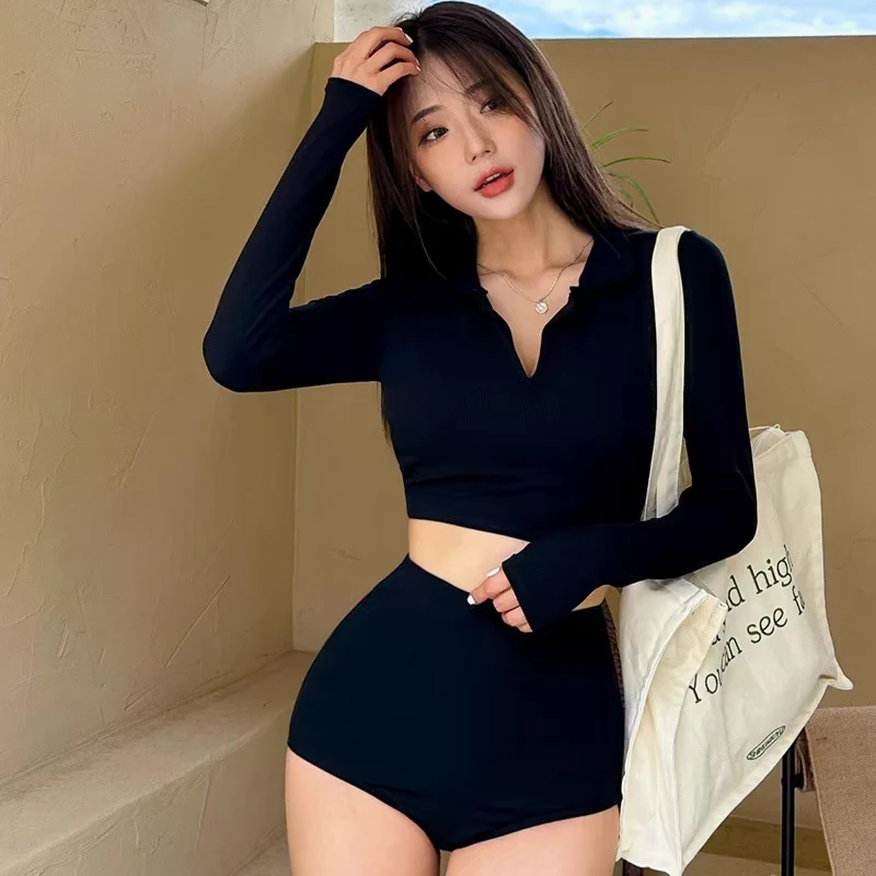 

Retro Hong Kong Sle Long Sve Bikini Women's Summer Conservative High Waist Vaion Swimsuit Stand Collar Two Piece Swim...
