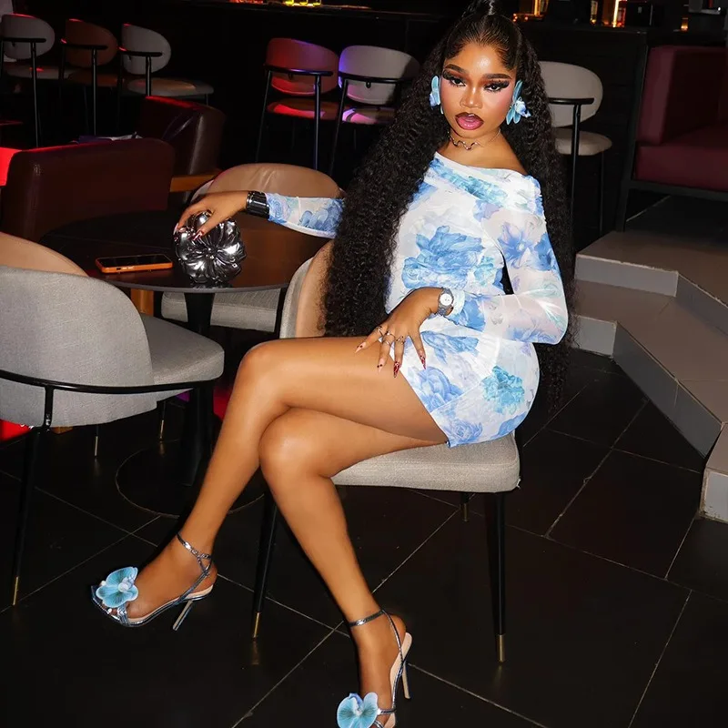 Women's Floral Print Off Shoulder Strapless Slash Neck Long Raglan Sleeve Gauze Spliced Waistband Hips Wrapped Mini Dress