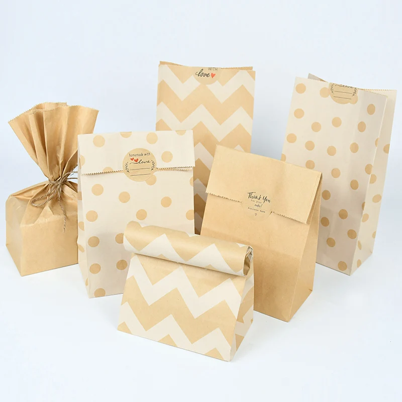 10Pcs 23*13*8cm Brown Kraft Paper Bags Dot Biscuit Candy Food Gift Bags For Wedding Birthday Party Gifts Packing Wrapping Decor