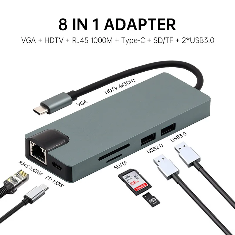 USB C Hub 8 In 1 Type C 3.1 To 4K HDTV Adapter with RJ45 100Mbps SD/TF Card Reader PD Fast Charge for MacBook Notebook Laptop