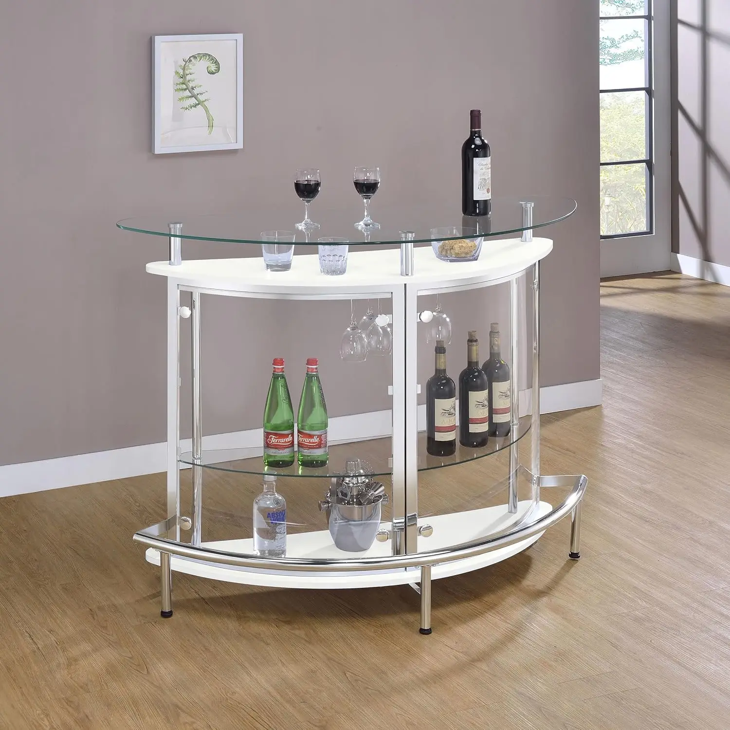 Modern Glass Top Freestanding Home Bar Cabinet with Shelves & Wine Glass Rack, White, Customized