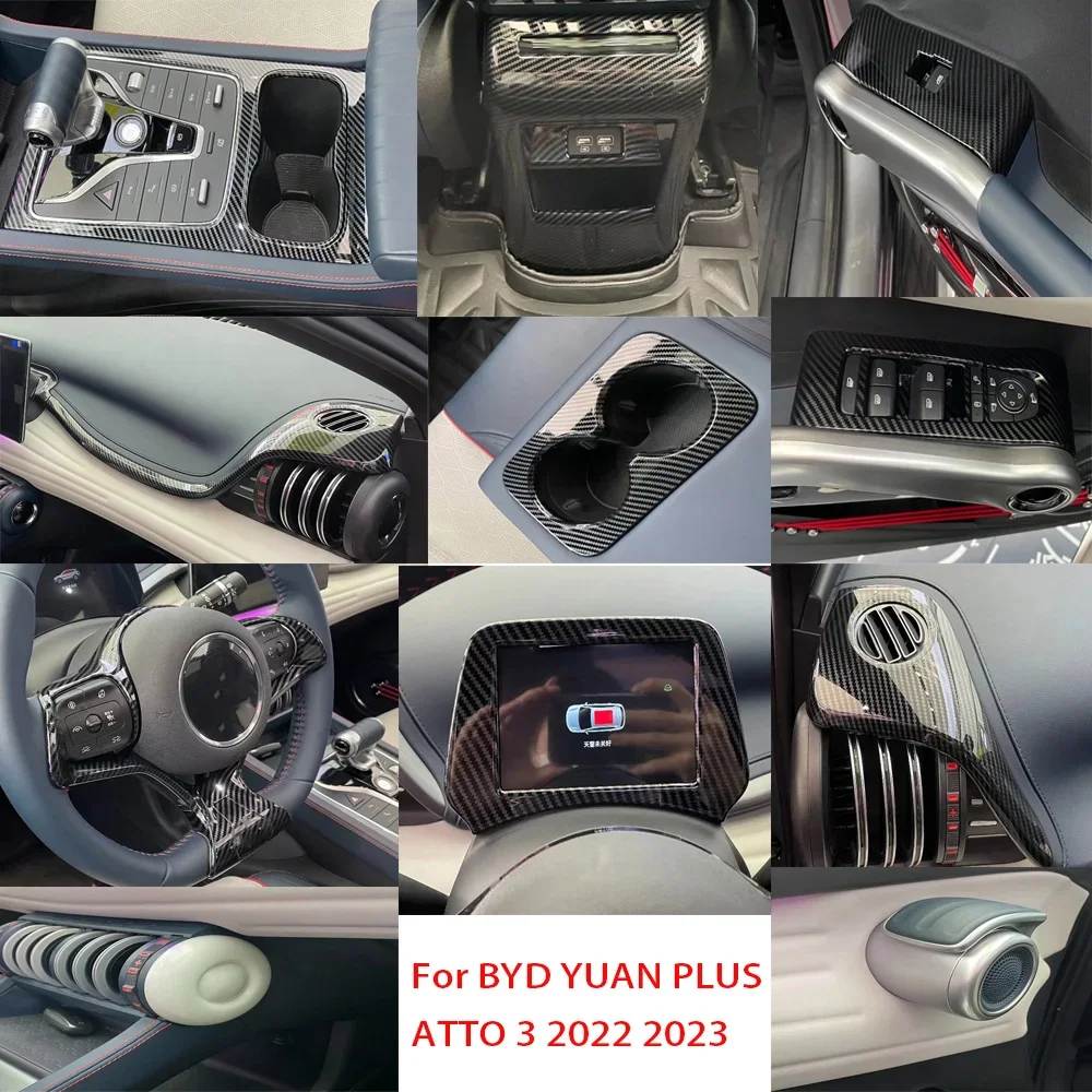 For BYD YUAN PLUS ATTO 3 2022 2023 ABS Carbon Fiber Color Center Control Sticker Water Cup Gear Shift Panel Interior Accessories