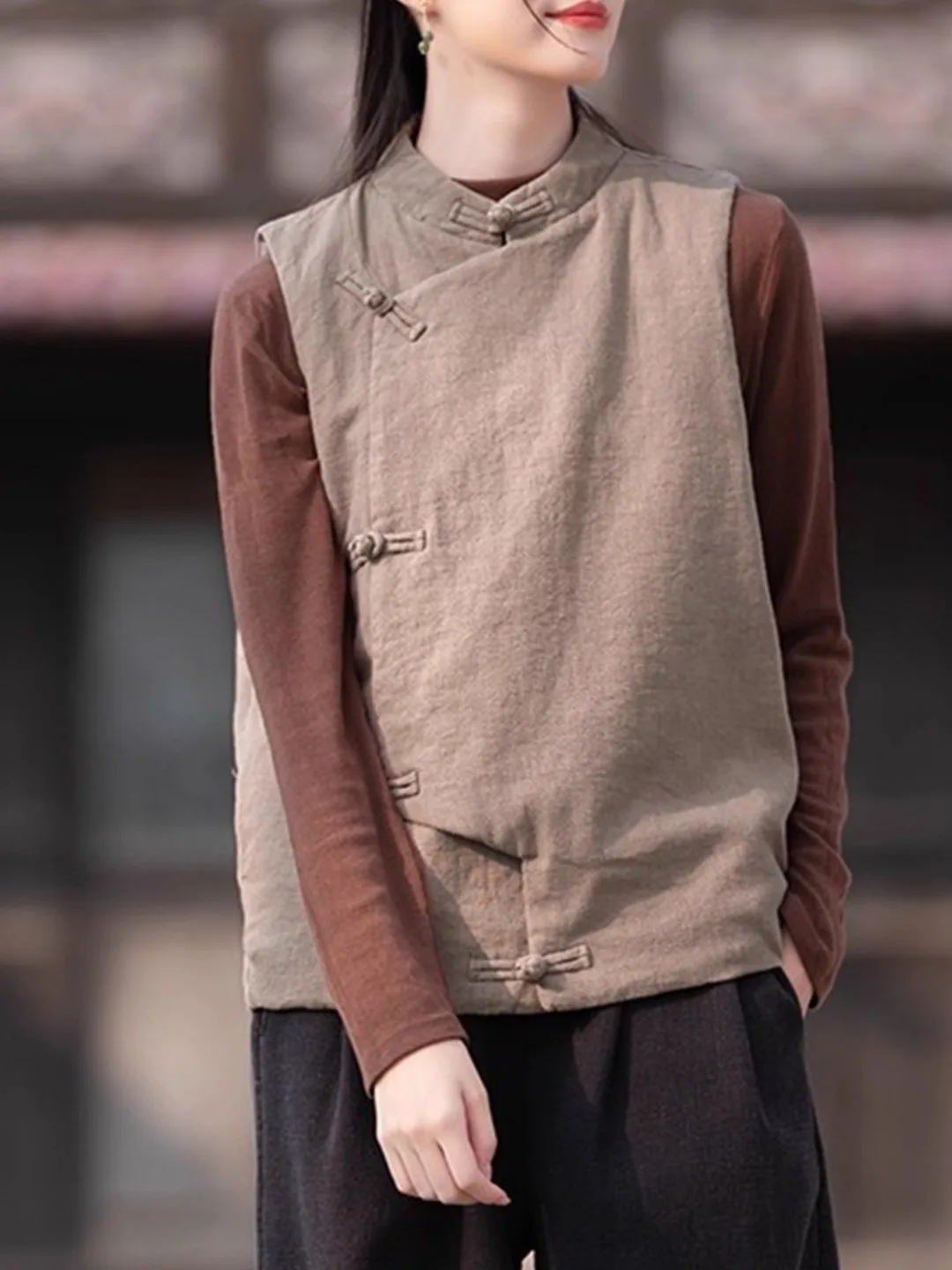 

Thiened Cotton Jaet Vest Women's Winter Vintage National Sle Button Stand Collar Warm oulder Pad Svel Top