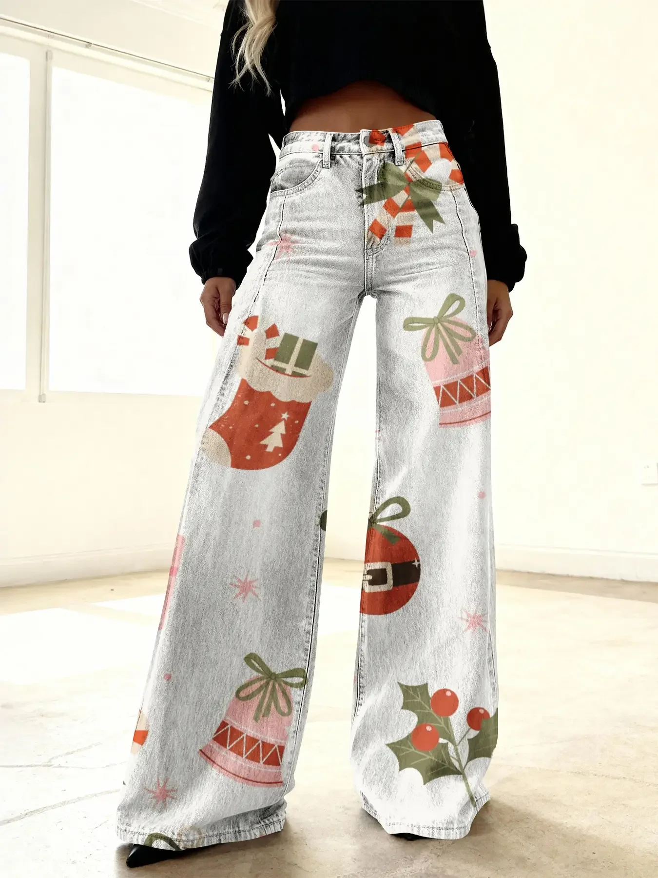 

Women's imitation denim printed high waisted flared pants, sweet and cute, slimming and versatile Christmas style women's pants
