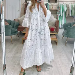 XXS-3XL Loose Fit Hollow Out Dress for Women Summer Elegant Vintage Solid Embroidery Casual V-neck Flare Sleeve Maxi Dresses