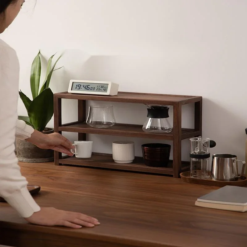 

Health and Environmental Desktop Shelf: Black Walnut Tea Cup Rack, Japanese Teahouse Storage, Household Organizer