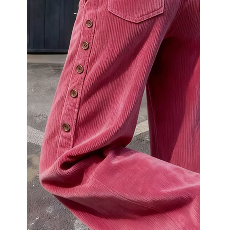 Pink Corduroy Wide Leg Pants Women High Waist Loose Fit Age Reducing Niche Straight Leg Pants