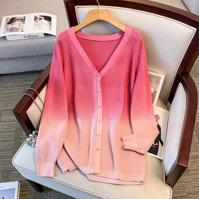 

175Kg Plus Size Women's Bust 160 Spring Autumn Winter Loose V-Neck Gradient Cardigan Sweater Knitted Red 5XL 6XL 7XL 8XL 9XL