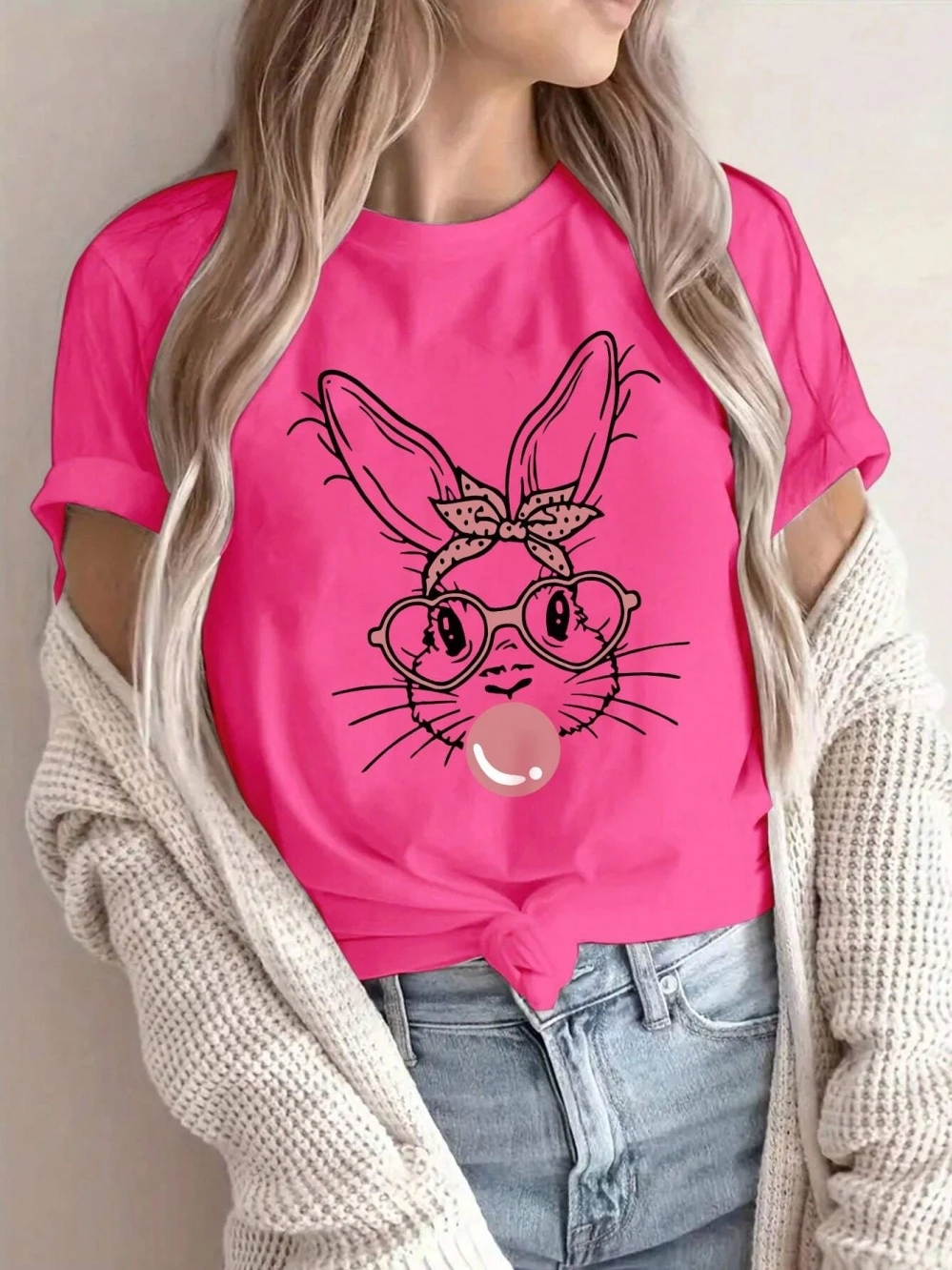 Fashion Pink Rabbit Blowing Bubble Women T Shirt Cotton Casual Short Sleeve Oversized Soft Top Street Oversize Tshirt Female