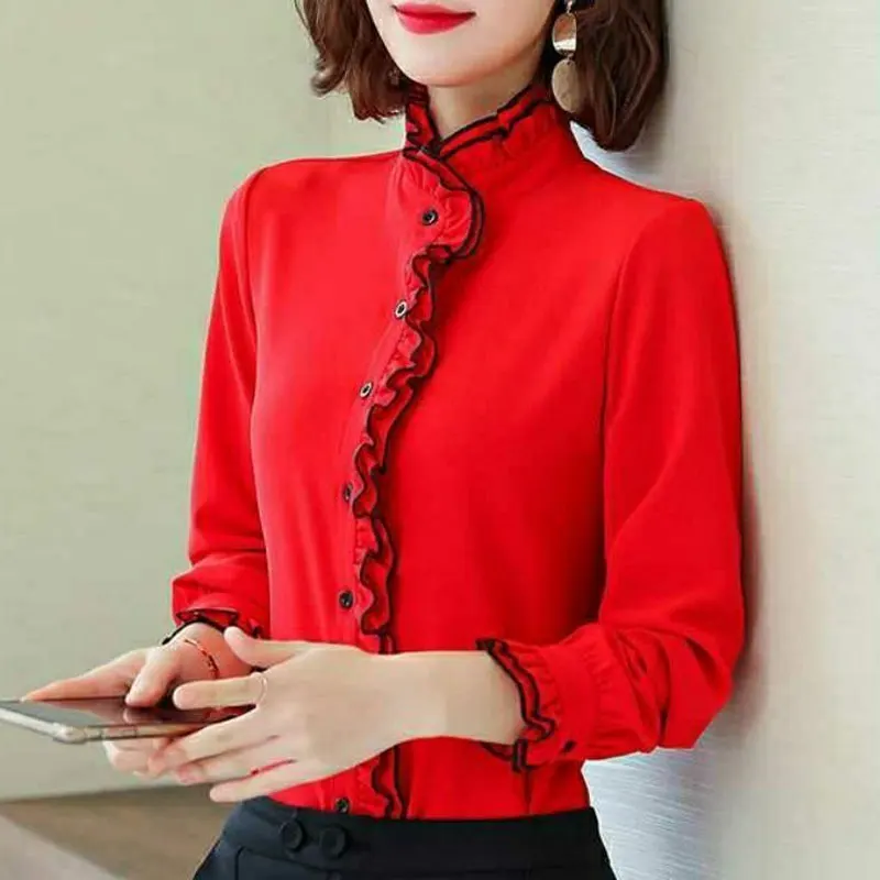 Lace Ruffles Chiffon Shirts Women\'s Clothing 2023 Autumn Winter New Office Lady Long Sleeve Pullovers Vintage Elegant Blouse 3XL