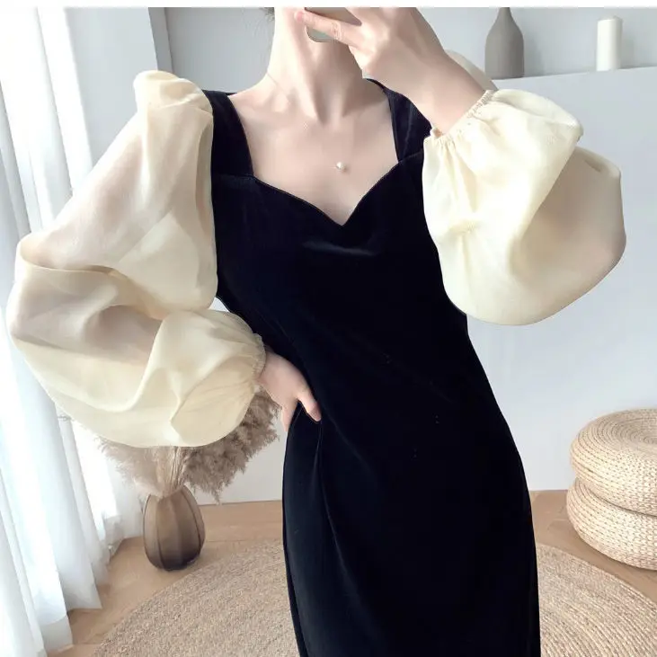 

Golden velvet dress women's spring and autumn French bubble sleeve black waistband retro long evening dresses