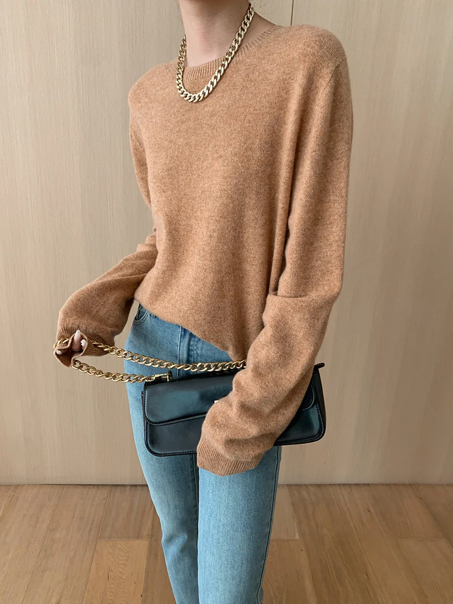 Spring and Autumn Wool Women\'s Casual Solid Color Round Neck Long Sleeve Sweater