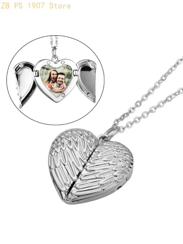Heart Sublimation Angel Wing Heart Necklaces Blank Hot Transfer Printing Lockable Photo Pendant Jewelry Gifts for Women 55KA