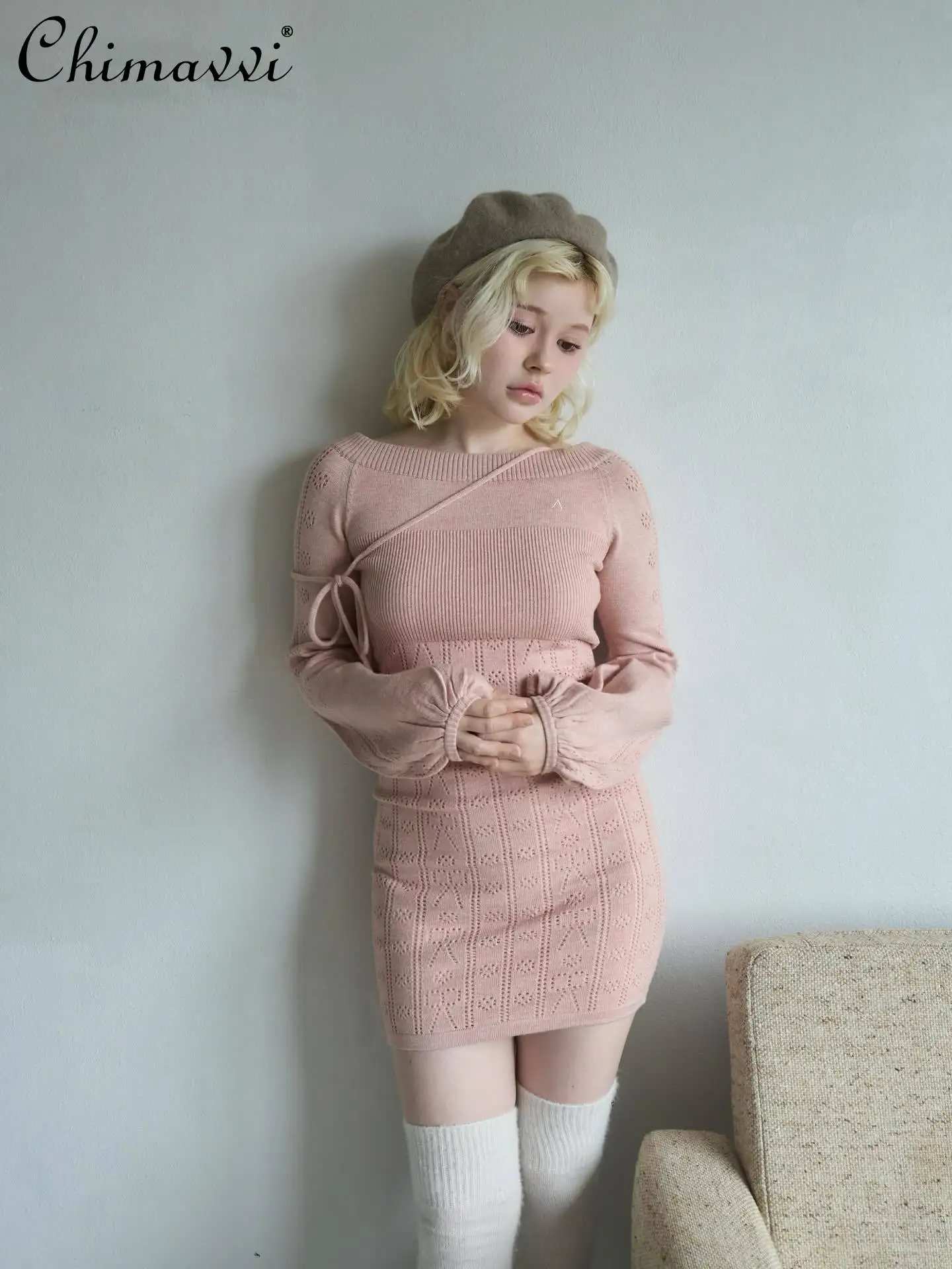 Estilo japonês oco para fora fino ajuste fora do ombro gravata cintura bodycon vestido de malha moda manga longa magro elegante vestido feminino