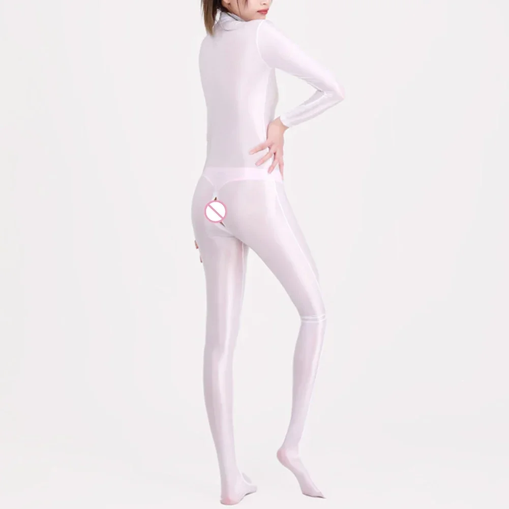 

Women Oily Glossy Long Sleeve Elastic Bodysuit Full Body Tights Crotchless