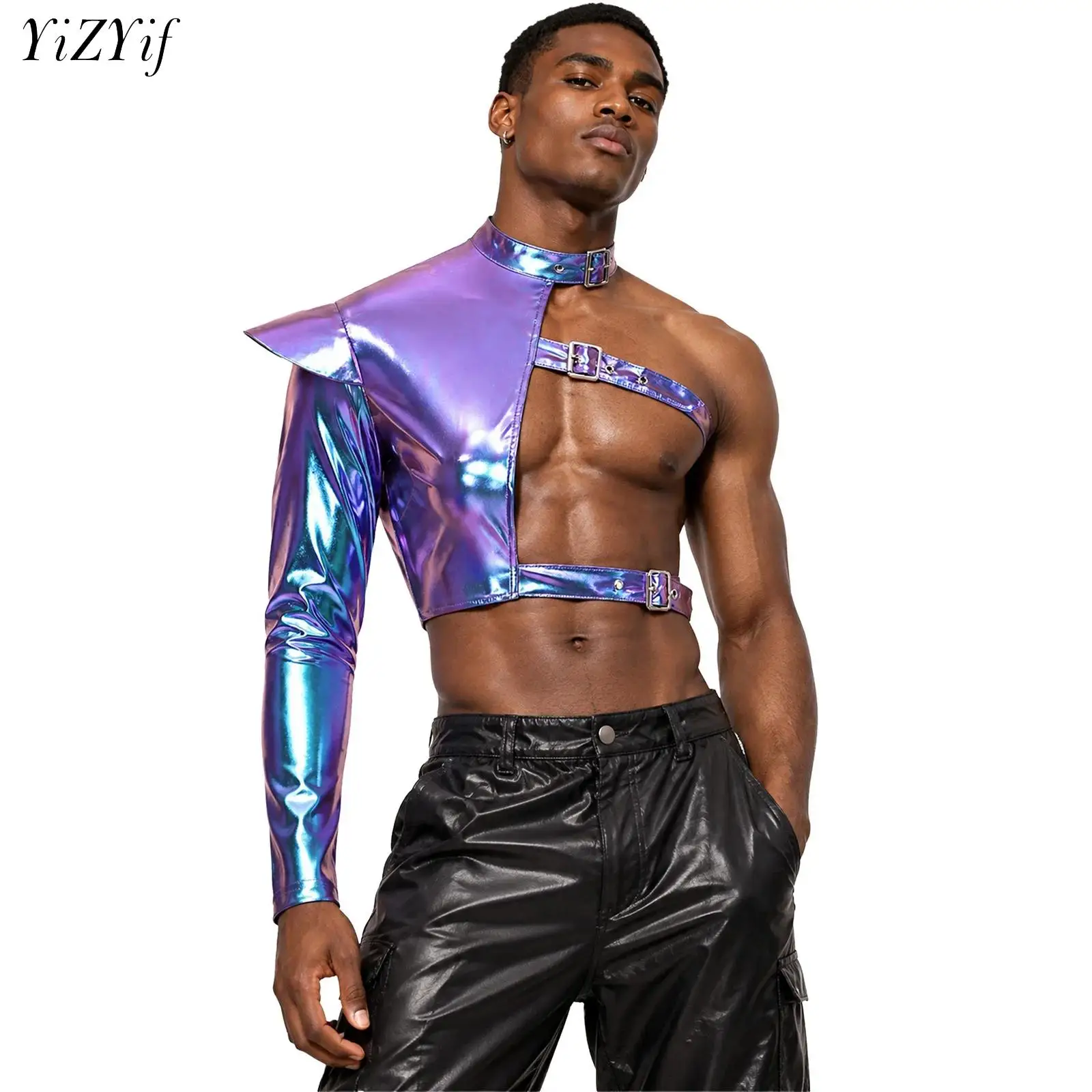 Men Metallic Shiny One Shoulder Crop Top Disco Clubwear Long Sleeve with Structured Epaulet Adjustable Buckles Asymmetrical Tops