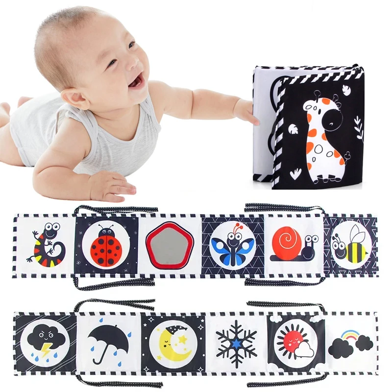 Sensorisches Stoffbuch, kontrastierendes Babyspielzeug, 0–12 Monate, Neugeborene, Krippenspielzeug, schwarz-weiße Tierstoffbücher, Montessori-Babybuch