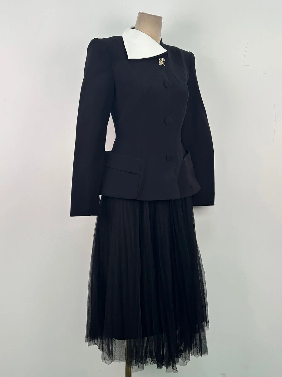 VGH Elegante afslankende tweedelige sets voor vrouwen V-hals met lange mouwen Top Hoge taille Gedrapeerde chiffon rok Chique set Vrouwelijke mode Nieuw