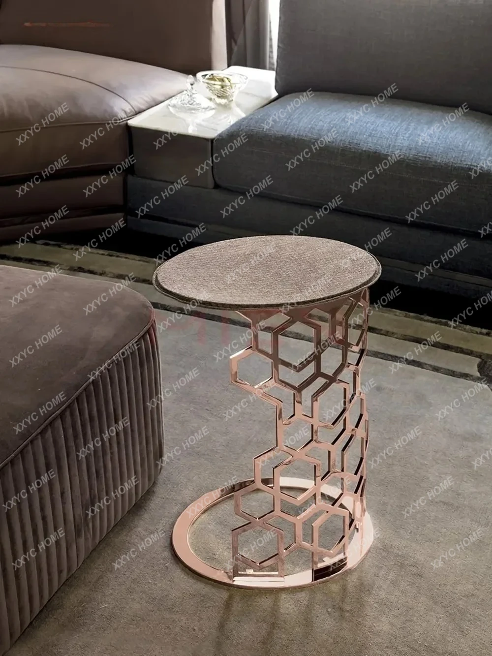 A Light luxury stainless steel metal corner leather panel laser cutting integrated molding edge table