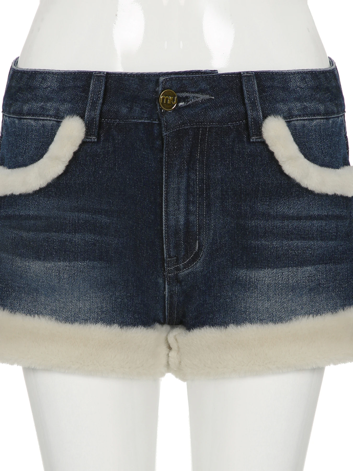 IAMSURE Casual Sweet Fur Trim Denim Shorts Korean Style Cute Basic Slim Low-Waisted Shorts Women 2024 Winter Fashion Streetwear