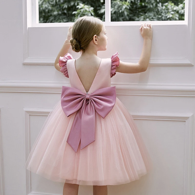 키즈 공주 백리스 푹신한 드레스 민소매 우아한 활 소녀 생일 파티 드레스 결혼식 가운을위한 꽃 소녀 드레스