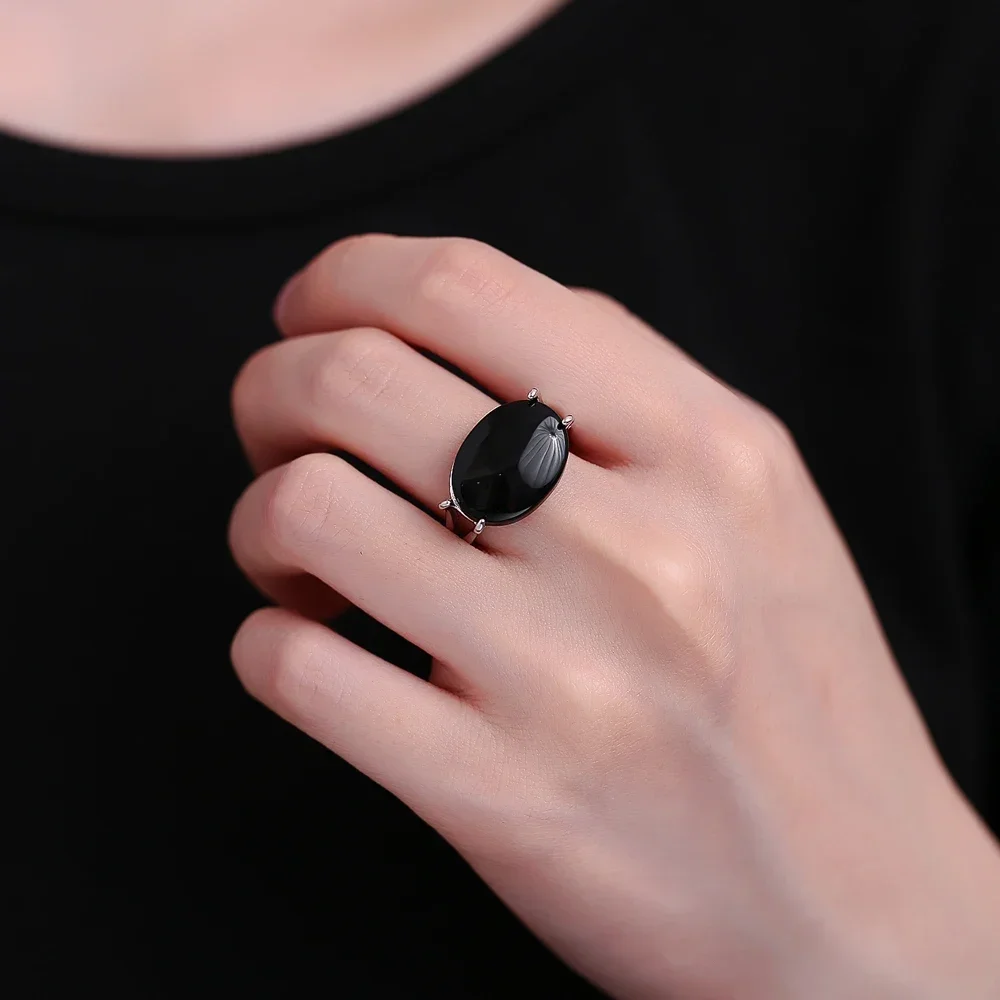 925 Sterling Silver Jewelry Ring Oval Natural 13*18mm Black Agate Vintage Ring For Man Women Party Gifts