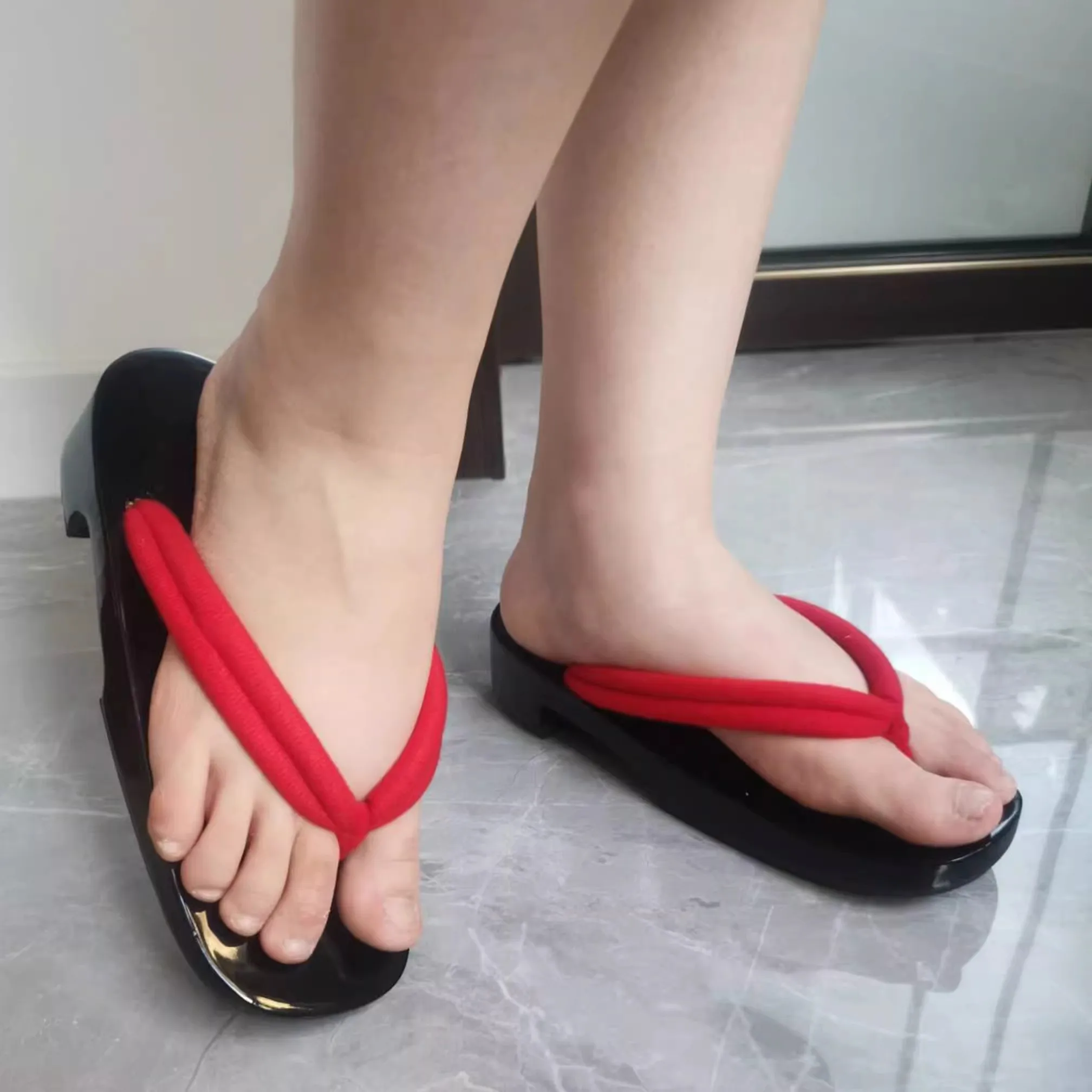 Women's High Heel Wood Sandals Black Panited Color Double Heel Japan Geta Cosplay Shoes Beach Slippers Casual Flip Flops