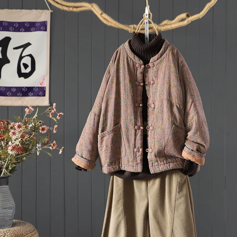 

Женские новинки 2025, осень-зима, винтажный стиль, женские толстые стеганые куртки с цветочным принтом, высококачественные хлопковые стеганые пальто