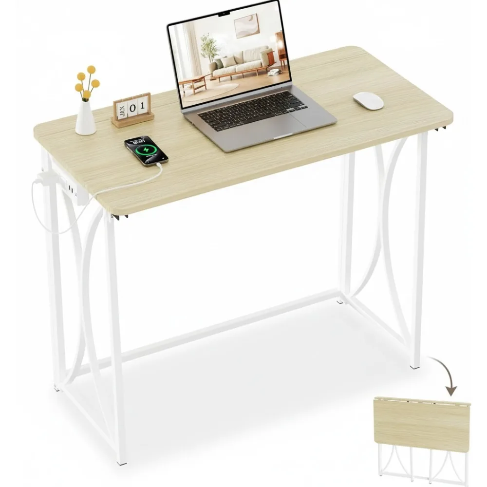 

Складной компьютерный стол с розеткой, 31,5-дюймовый небольшой стол для экономии места для домашнего офиса и спальни, простая сборка, бежевый