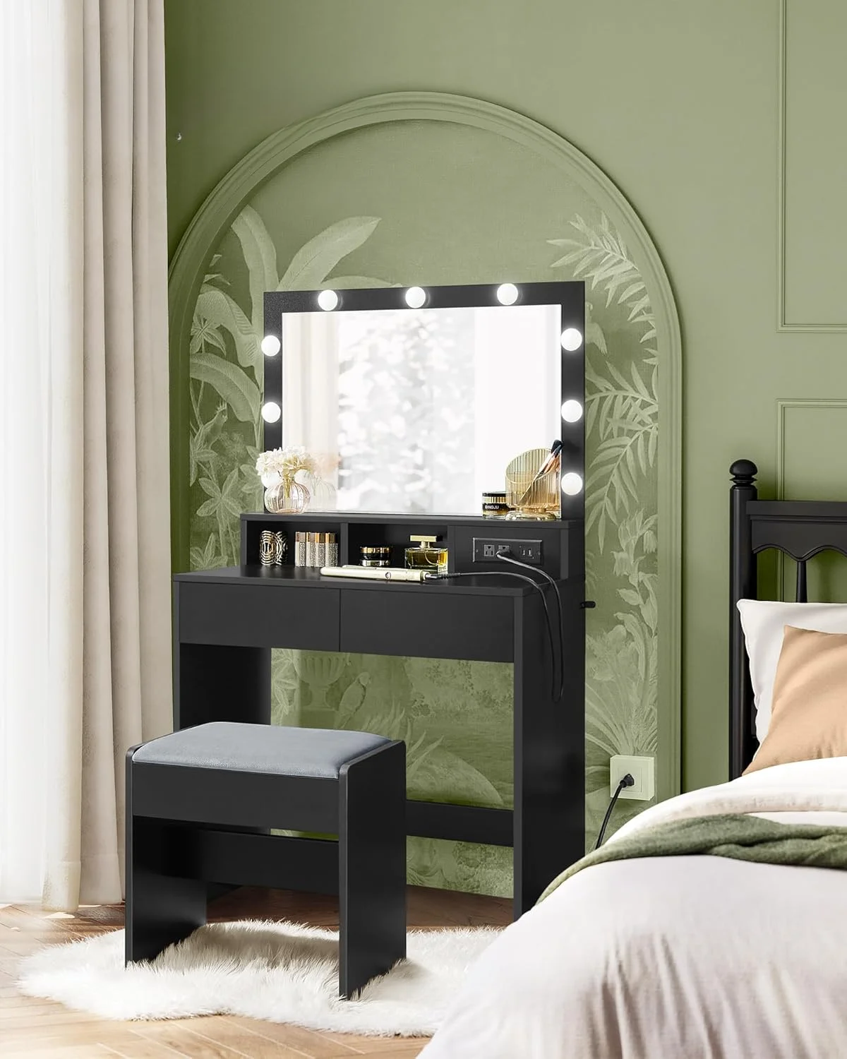 

Vanity Desk with Power Outlets, Makeup Vanity with Mirror and Lights, with Upholstered Vanity Stool, 9 Dimmable LED Lights