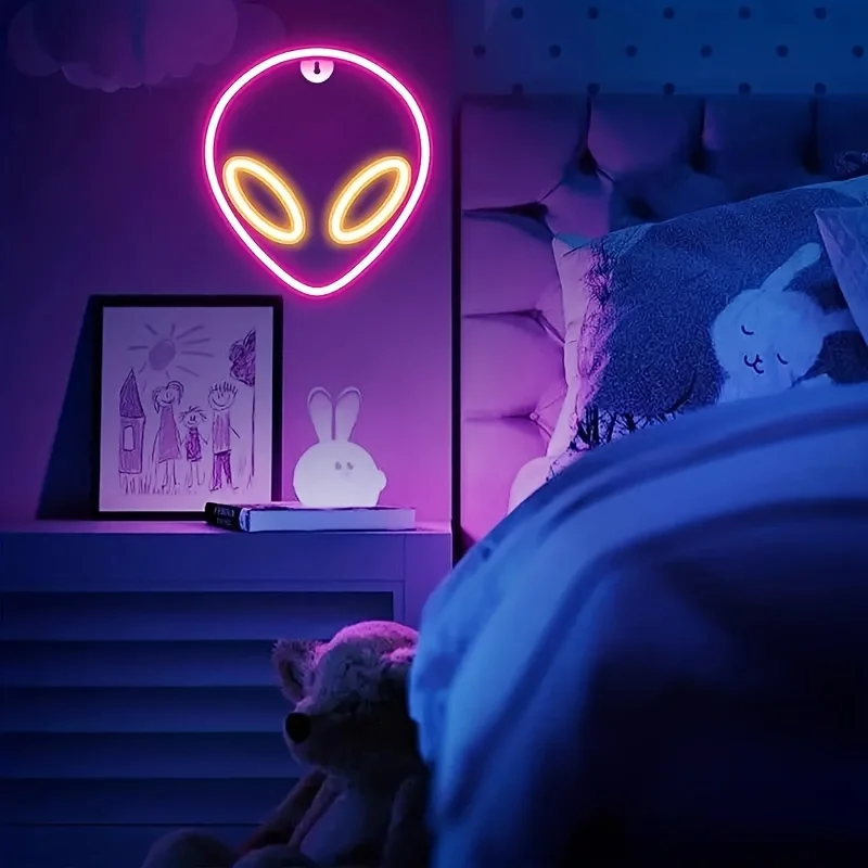 1Pc,Alien Shape Neon Light,Usb or Battery Powered,For Home Decor,Bar Table Ornament,Gaming Room,Party Atmosphere Enhance(No Battery)