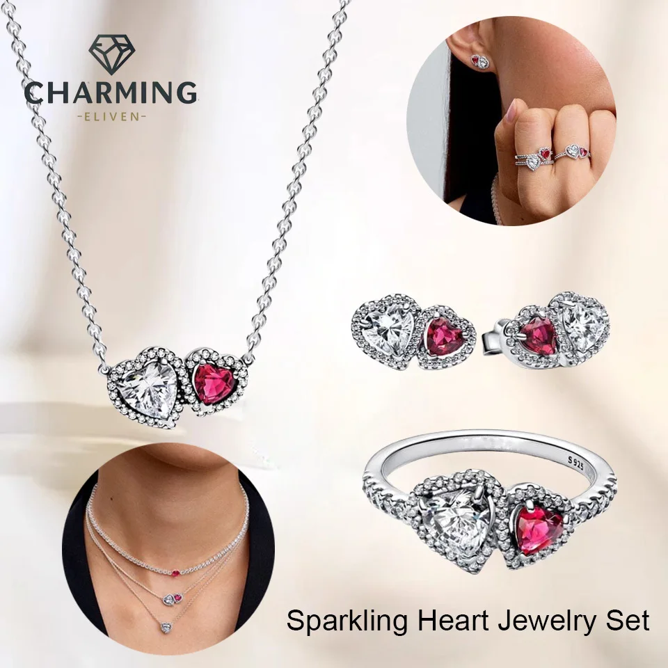 

CHARMING S925 Shiny Red Heart Shaped Jewelry Sets Double Heart Classic Ring Necklace Earrings Luxury Jewelry Gifts Set for Women