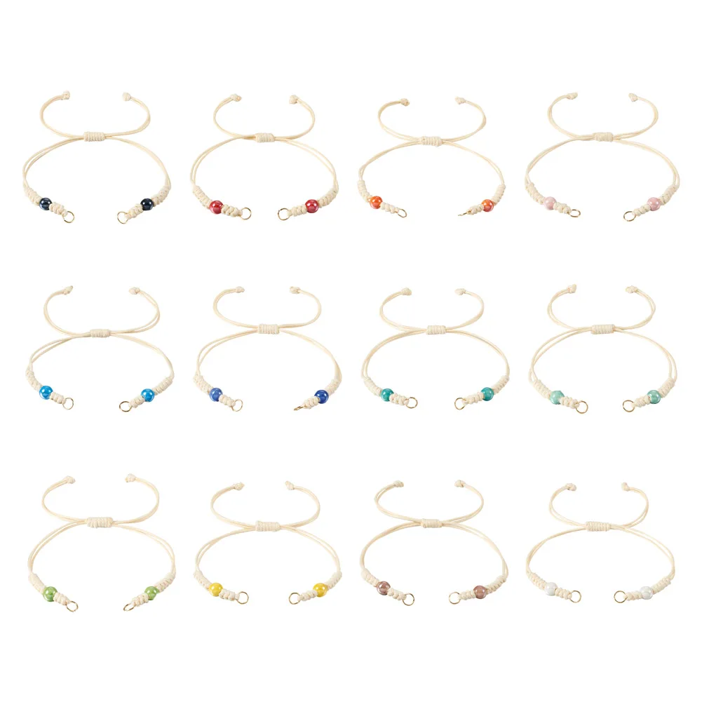 12pcs Waxed Polyester Bracelet with Pearlized Porcelain Beads Fit for Connector Charms Friendship Jewelry Gift 3-1/8~11-5/8 inch