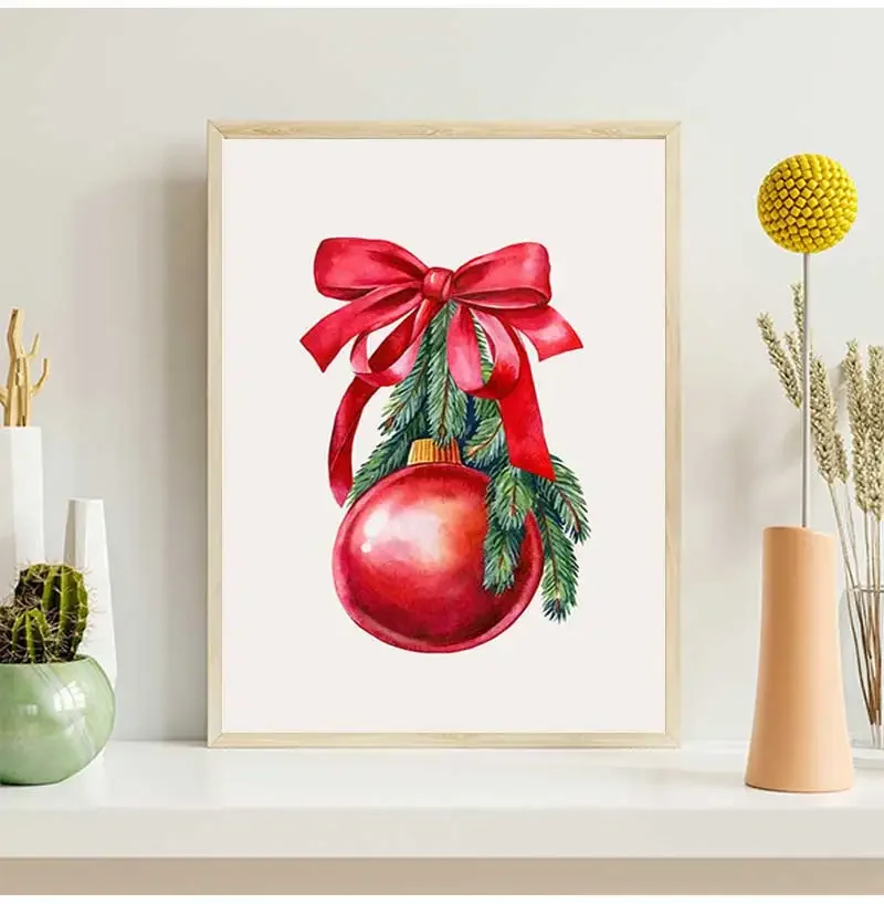 لوحة فنية جدارية حديثة وبسيطة، مجموعة عيد الميلاد الحمراء، هدية عيد الميلاد، ملصق مطبوع على قماش عالي الدقة، ديكور غرفة المعيشة المنزلية وغرفة نوم الفتاة