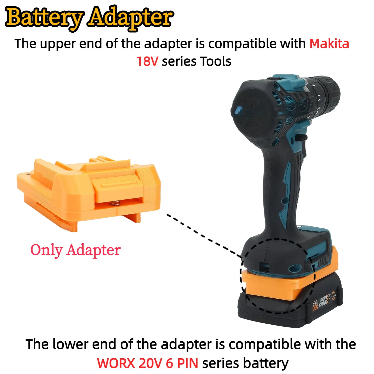 

Battery Adapter/Converter for WORX 20V 6 PIN Li-ion Battery TO Makita 18V Cordless Drill Tools Accessory(Only Adapter)