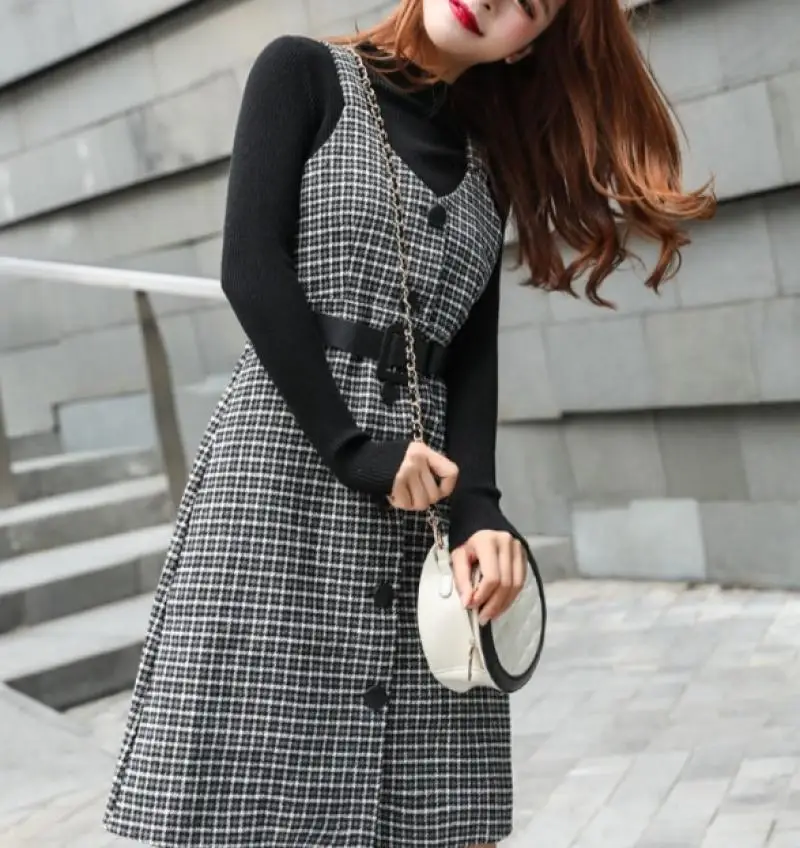 2024 Two-Piece Women Korea Style Dress Sets Tweed Strappy Dress Women\'S Mid-Length Bottomed Knitwear Set Skirt Warm Casual Suits