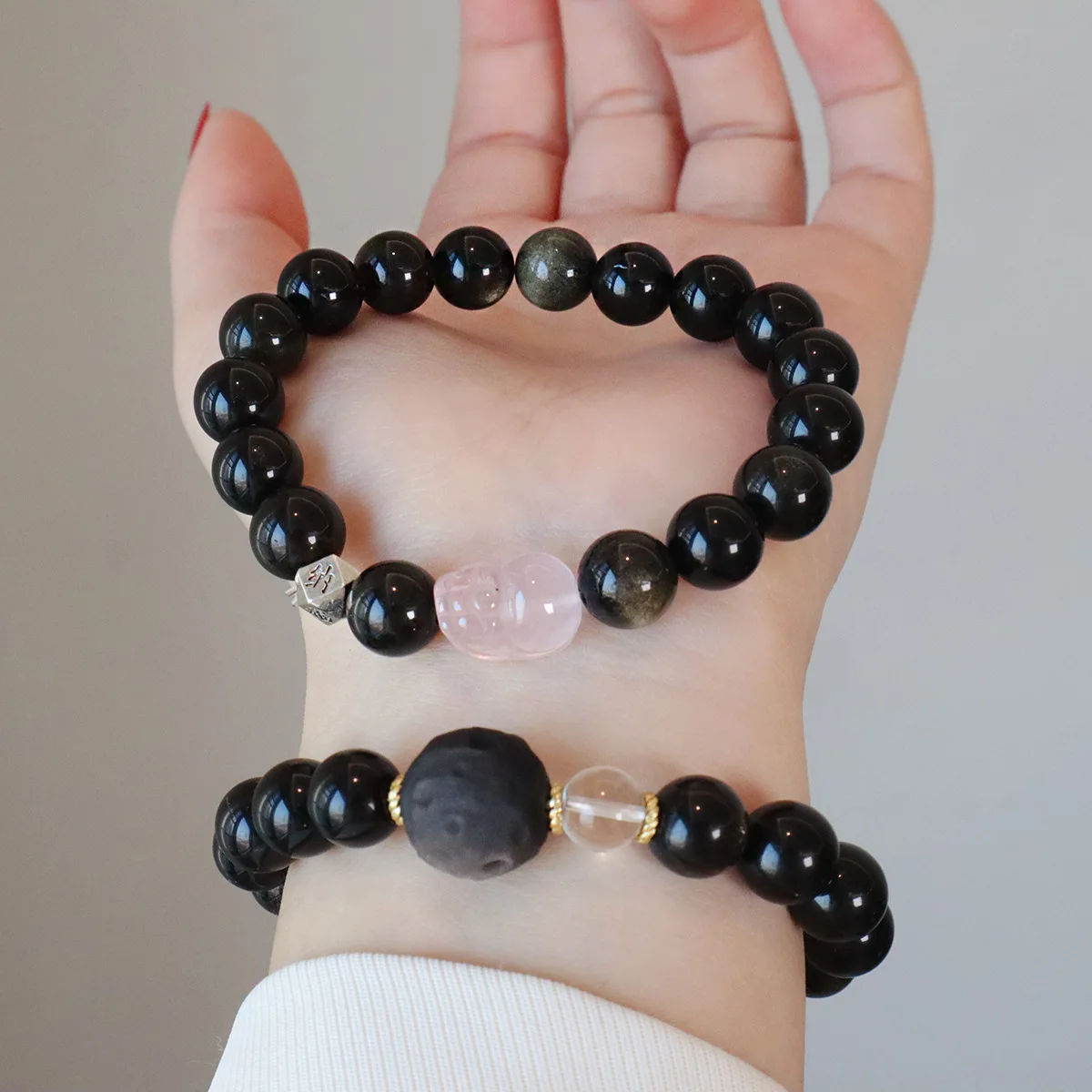 

Natural Crystal Obsidian and Rose Quartz Beaded Bracelet for Gift, Symbolizing Love, Protection, and Wealth Attraction