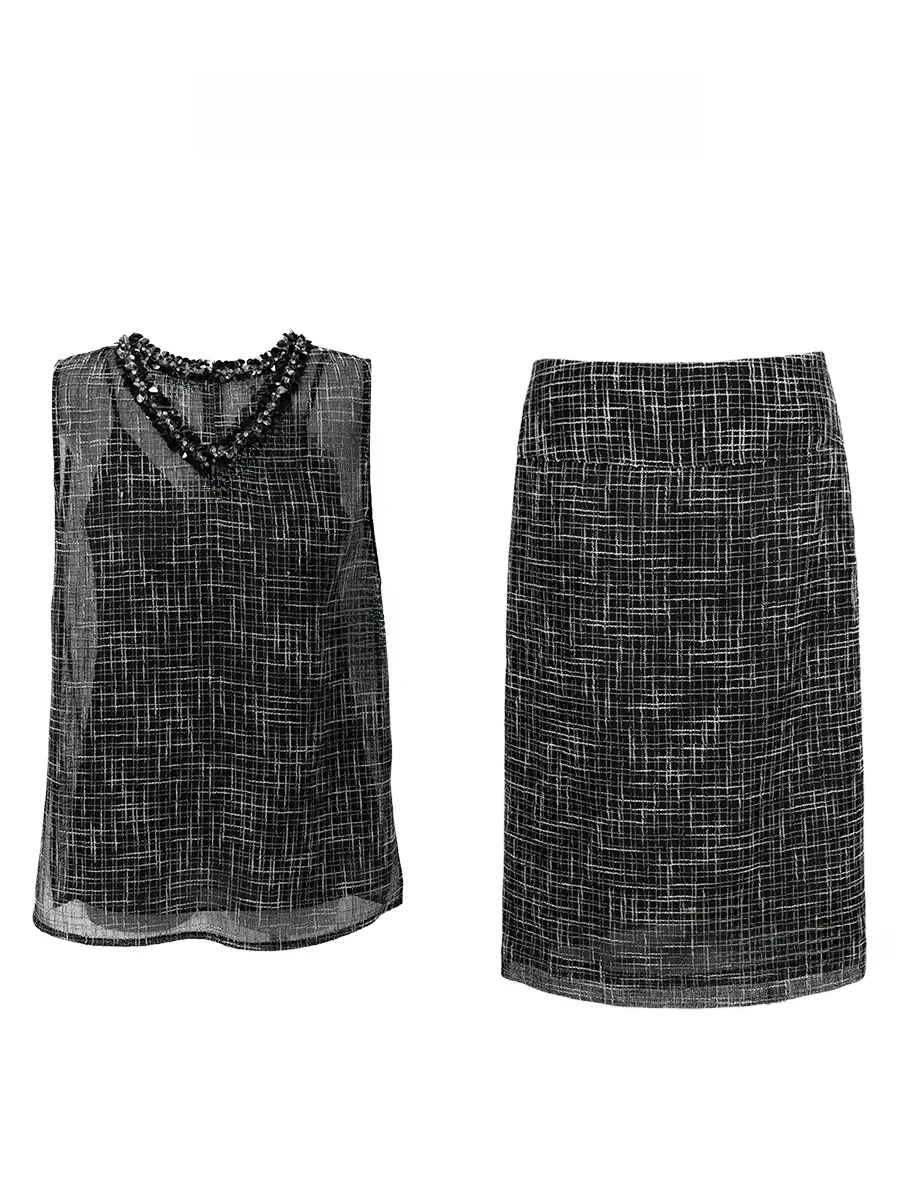 

NOTHING NINE Bla Sand Poem Page Lace Plaid Svel Top f Skirt Faion Set Women's Premium Regular Fit Five-Quarter L...