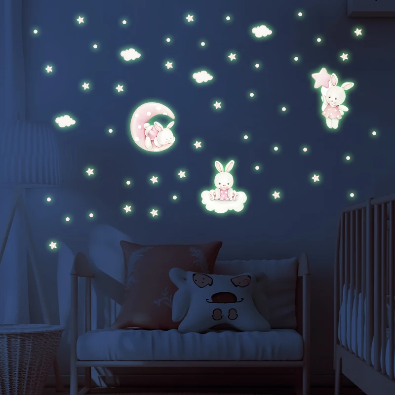 Pink Theme Rabbit Luminous Wall Stickers for Girls Bedrooms Glow In The Dark White Clouds Stars Shine Decal Baby Room Decoration