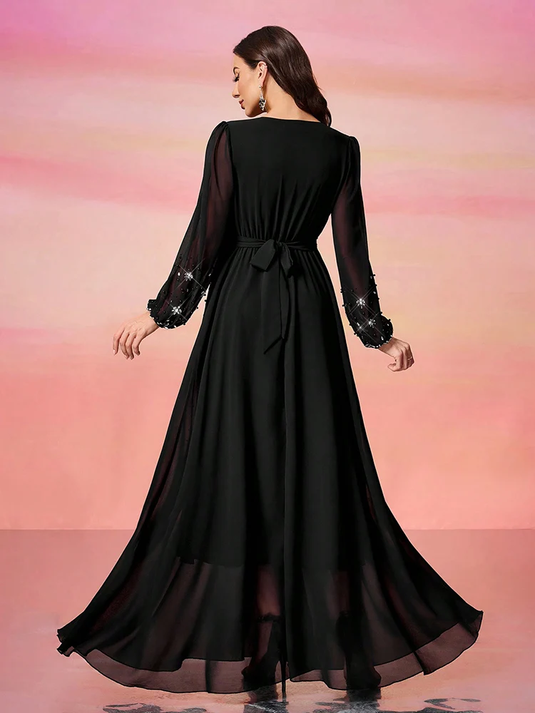 TOLEEN 2024 Women\'s V-Neck Solid Color Luxury Elegant Bubble Pearl Embellished Minimalist Casual Formal Long Sleeve Maxi Dresses