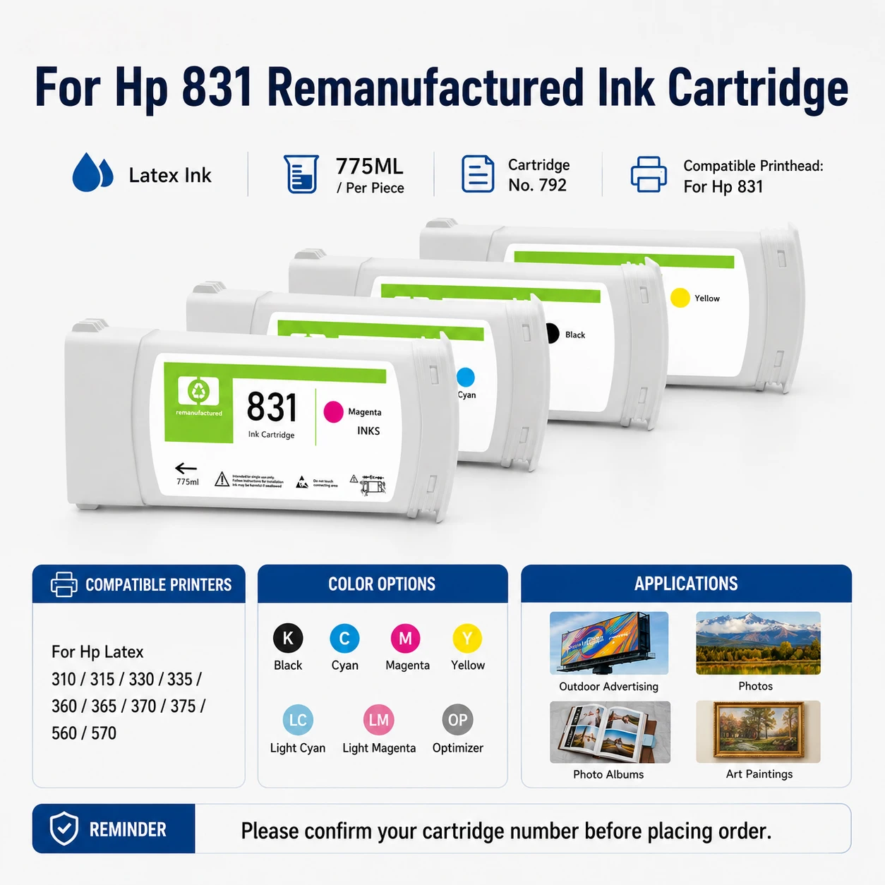 Latex Ink For Hp 831 Remanufactured Ink Cartridge With Chip For Hp 831 Printhead Latex 310 330 360 315 335 365 370 375 Printer